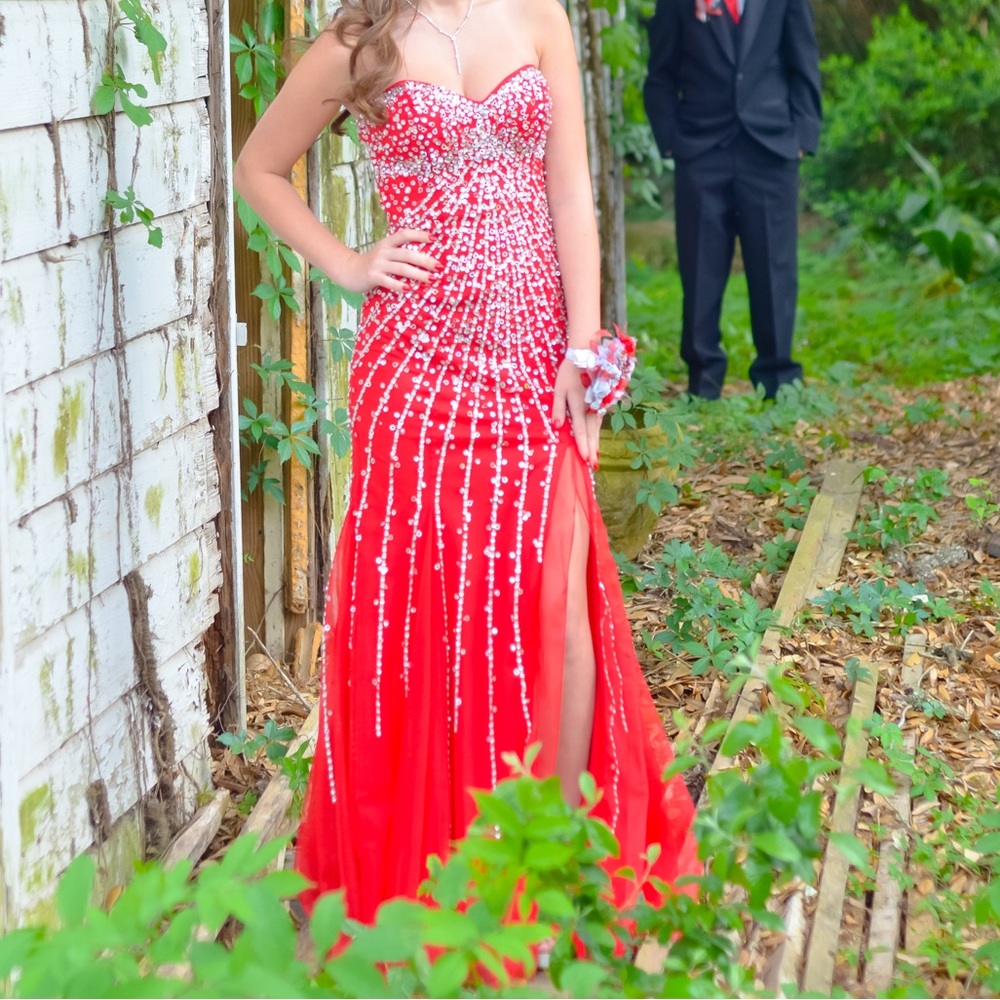 High quality prom dress, red with silver embroidery, some open back w/2 straps